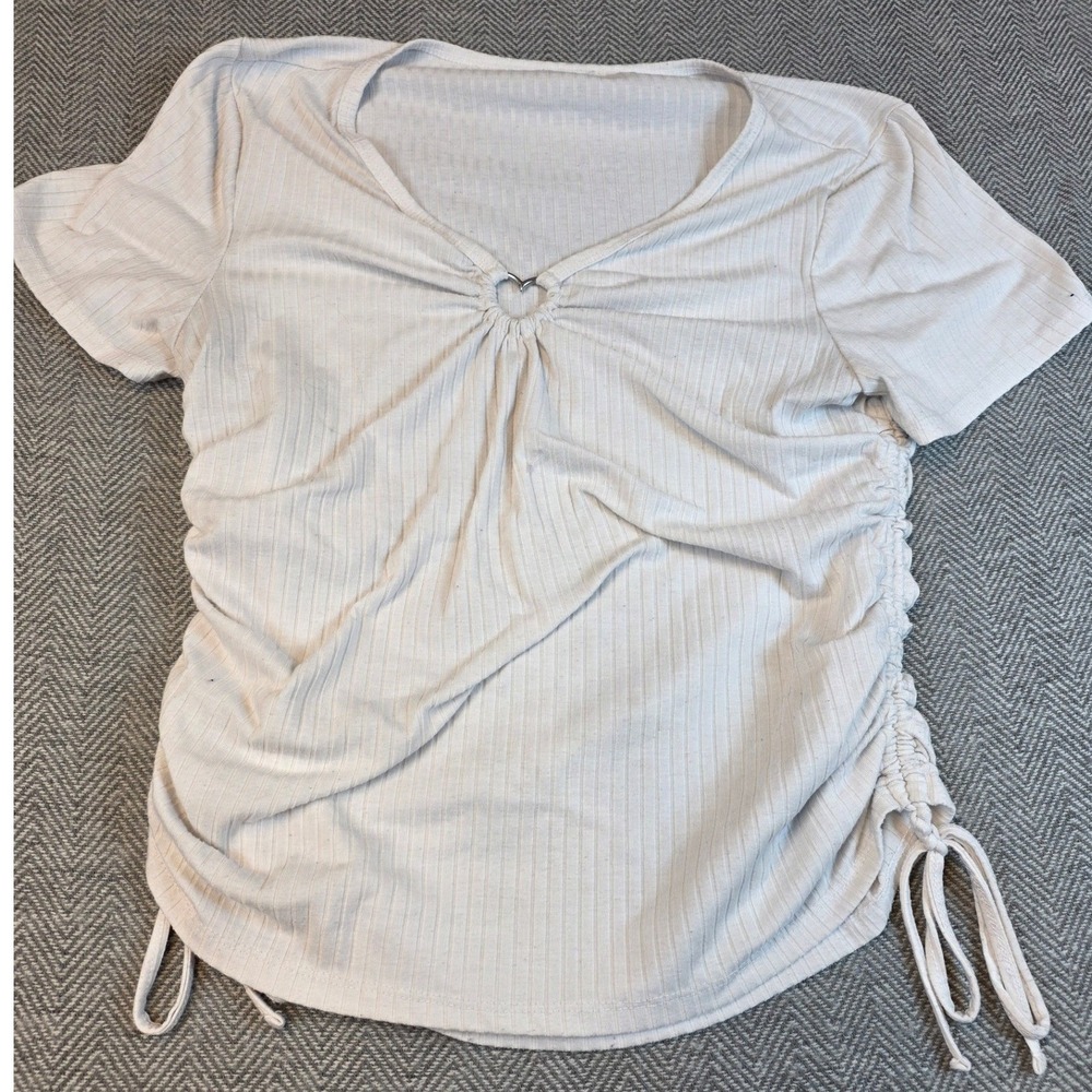 White Ribbed Ruched Side Heart Ring V-Neck Short Sleeve Top XXL (19)